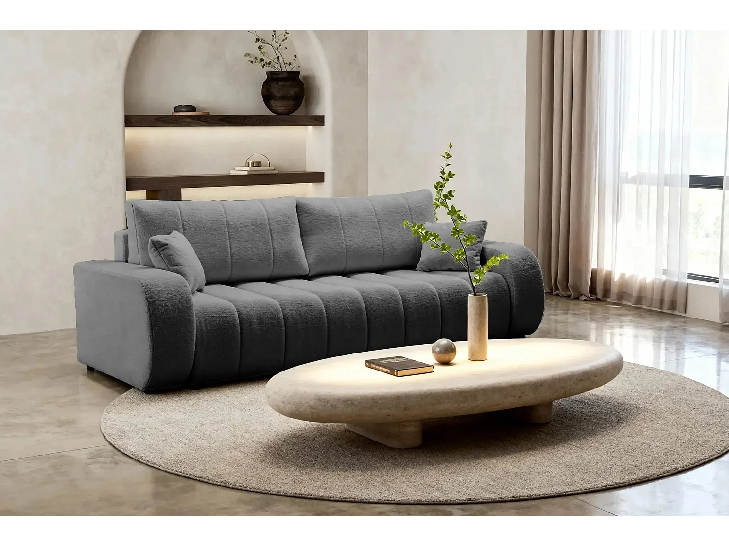 CELESTE - Canapé droit convertible tissu bouclette 3 places - Gris