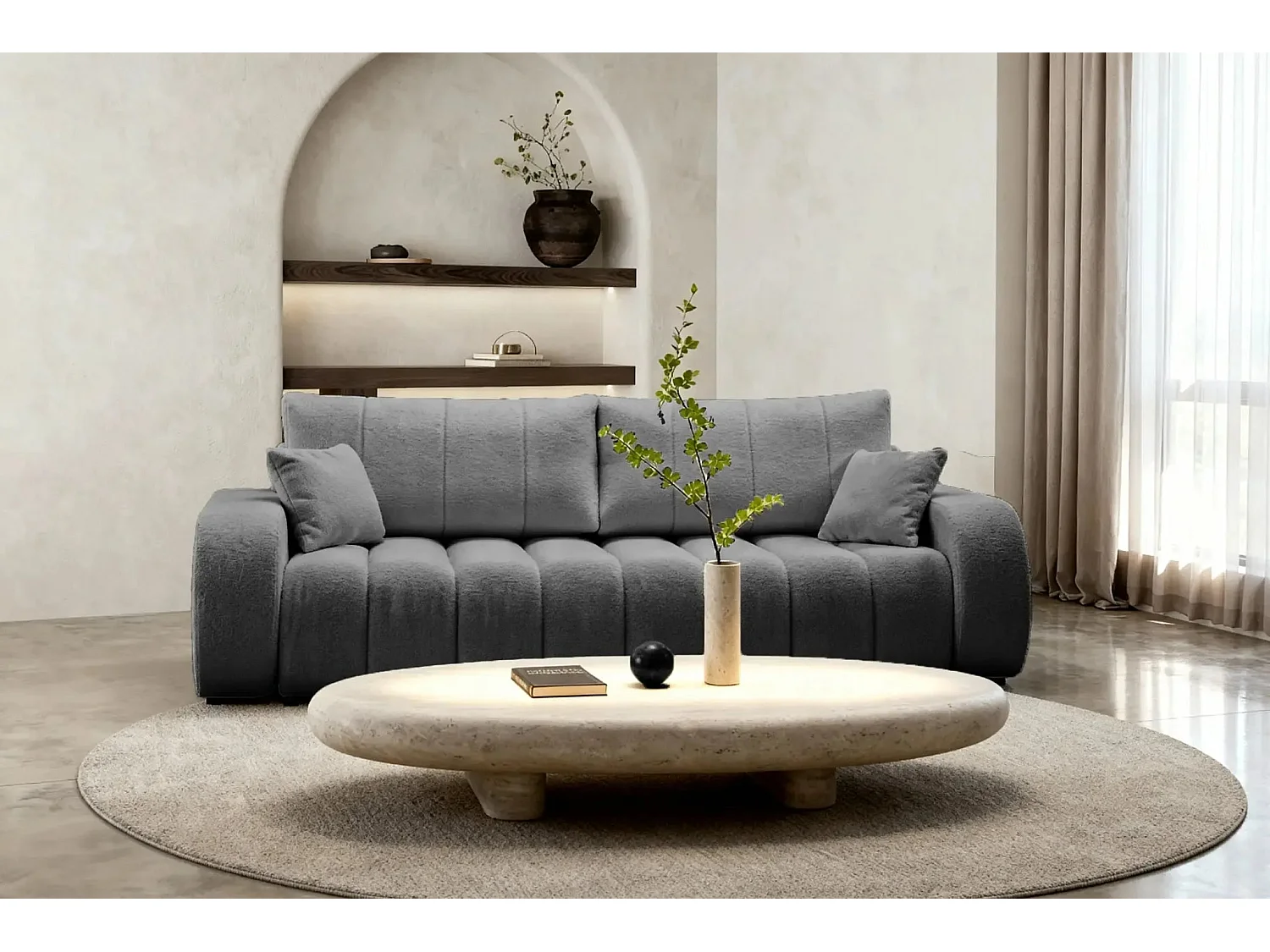 CELESTE - Canapé droit convertible tissu bouclette 3 places - Gris