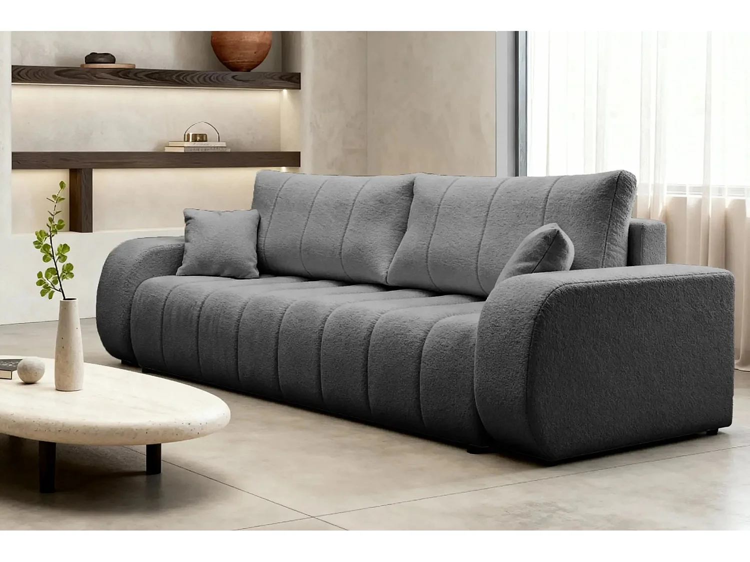 CELESTE - Canapé droit convertible tissu bouclette 3 places - Gris