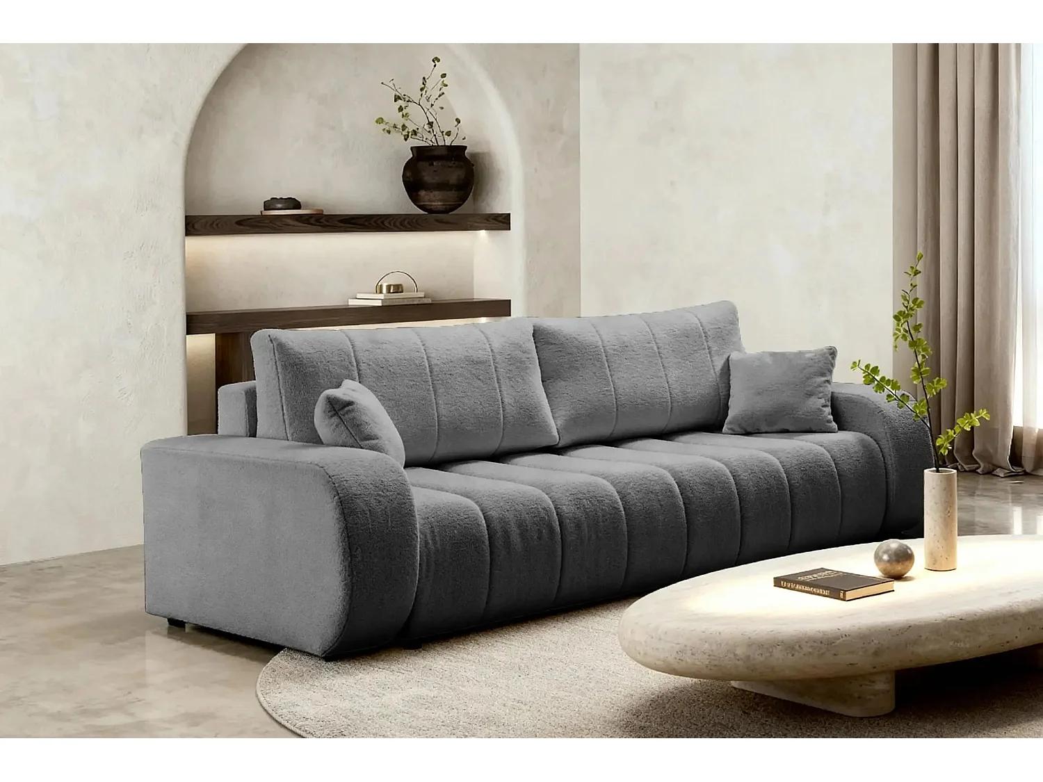 CELESTE - Canapé droit convertible tissu bouclette 3 places - Gris