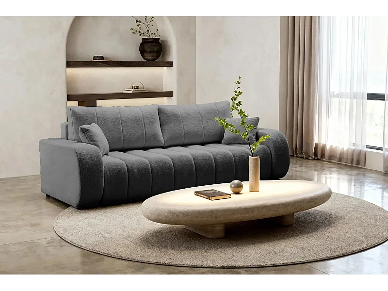 CELESTE - Canapé droit convertible tissu bouclette 3 places - Gris