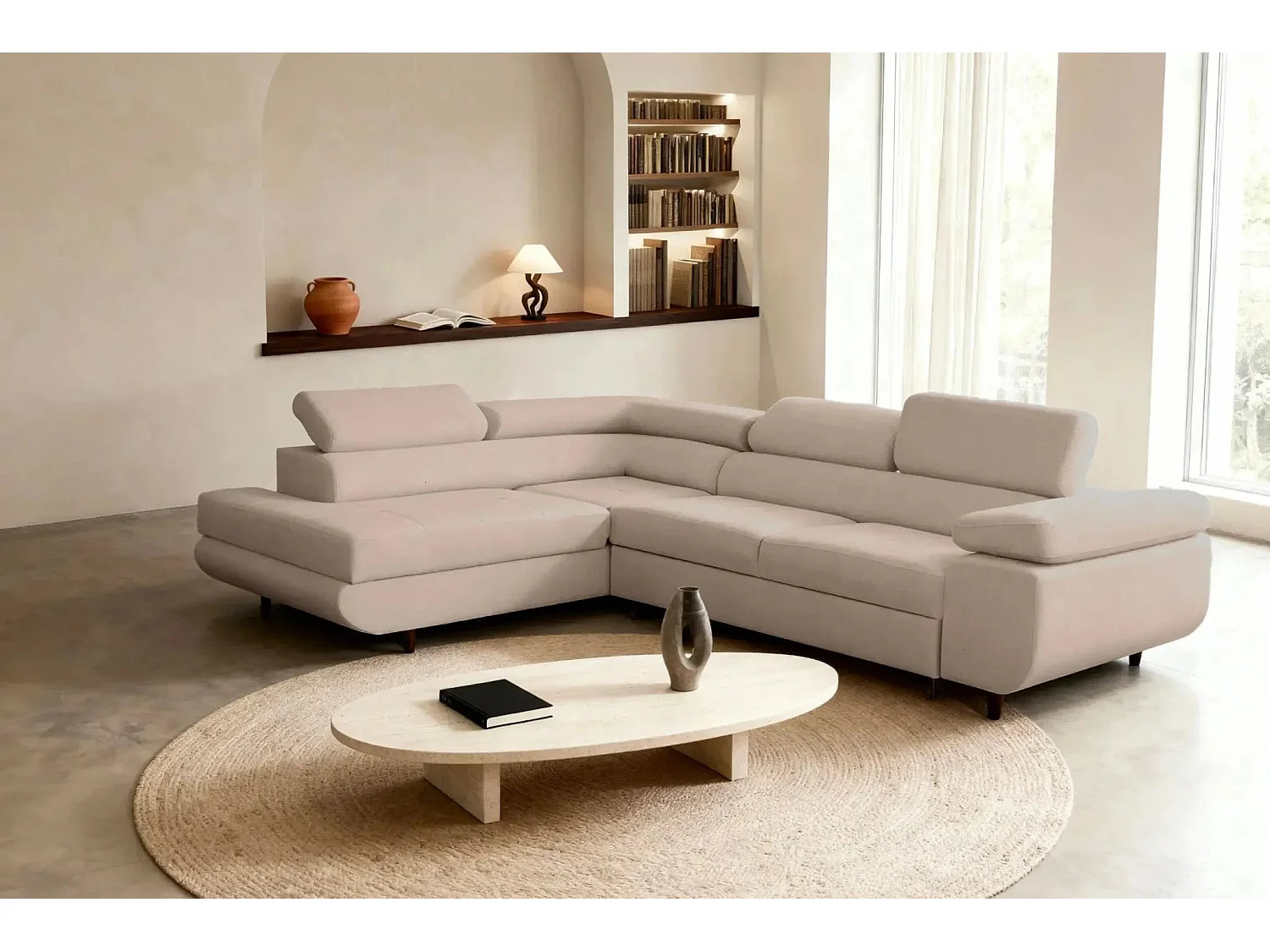 CHARLIE L - Canapé d'angle convertible tissu lisse 4 places - Café - Droit