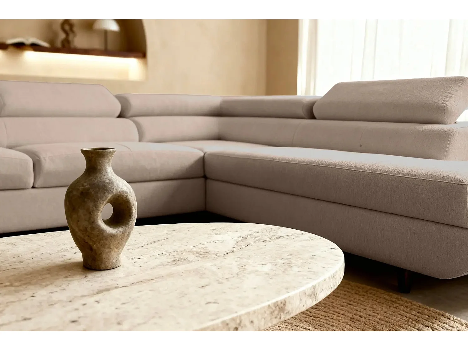 CHARLIE L - Canapé d'angle convertible tissu lisse 4 places - Café - Droit