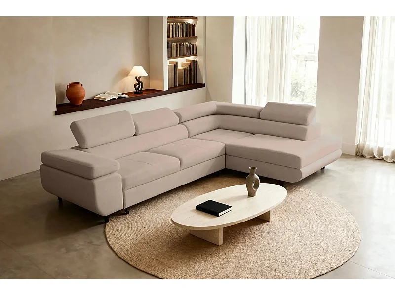 CHARLIE L - Canapé d'angle convertible tissu lisse 4 places - Café - Droit