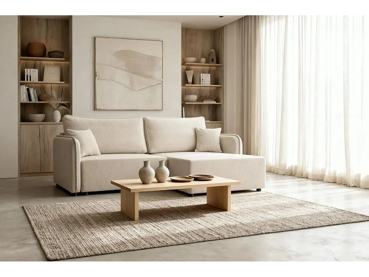 BONNIE - Canapé d'angle convertible tissu lisse 3 places - Beige - Gauche