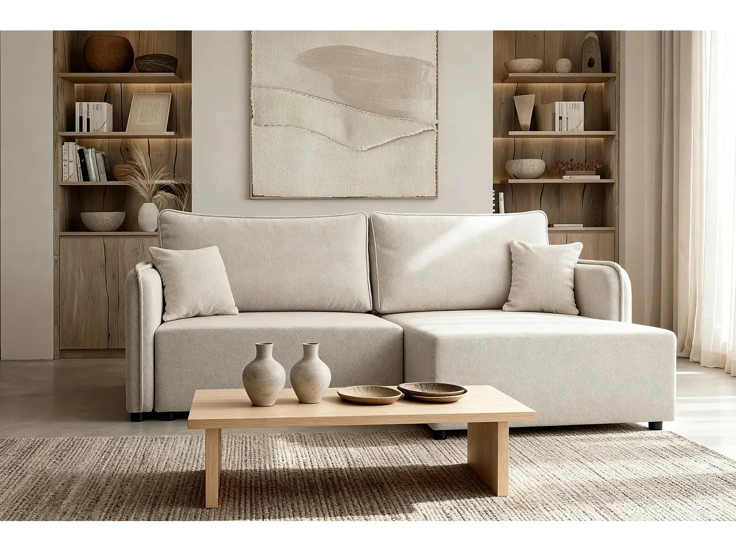 BONNIE - Canapé d'angle convertible tissu lisse 3 places - Beige - Gauche