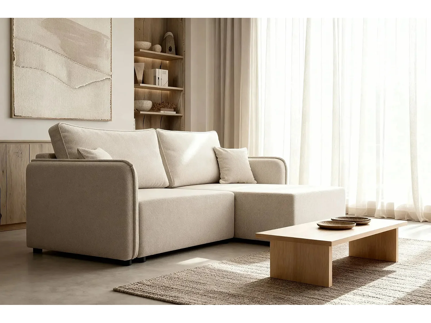 BONNIE - Canapé d'angle convertible tissu lisse 3 places - Beige - Gauche