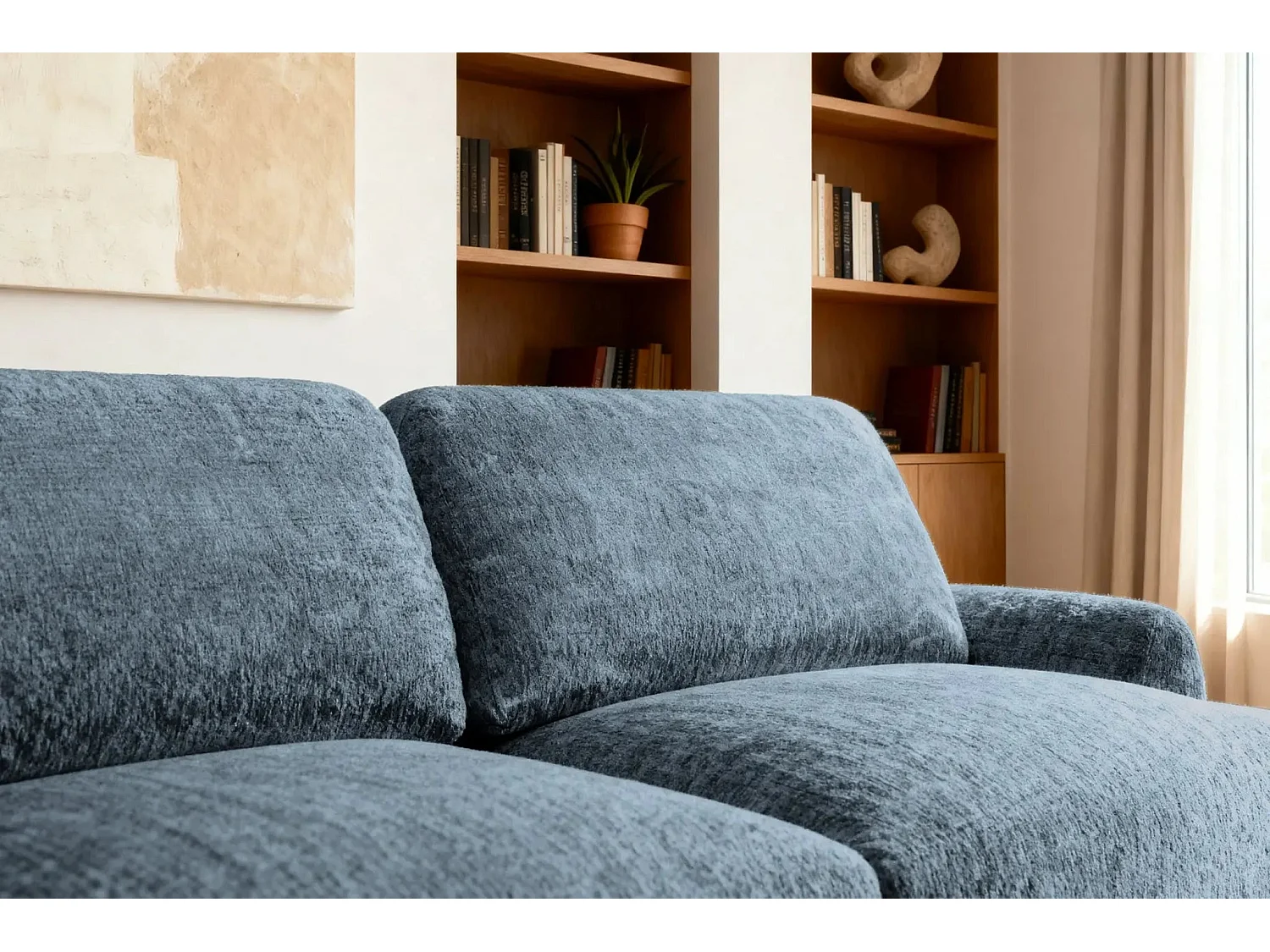 CLAUDIA - Canapé droit convertible tissu chenille 3 places - Bleu