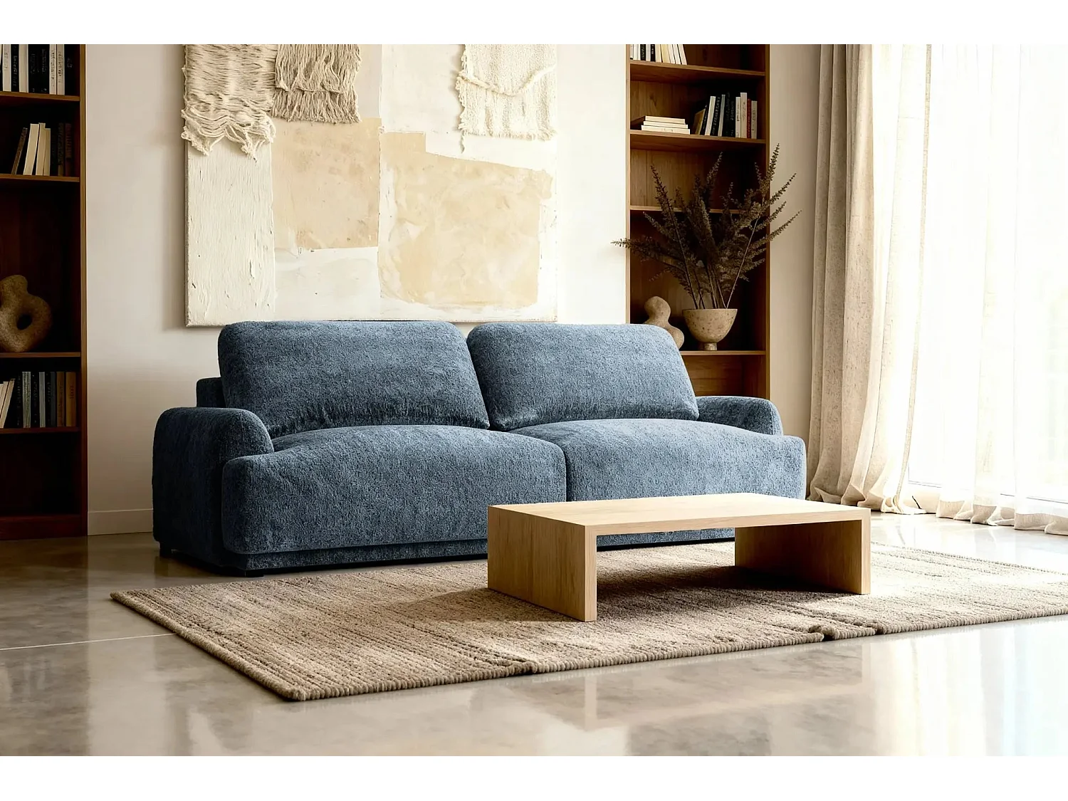 CLAUDIA - Canapé droit convertible tissu chenille 3 places - Bleu