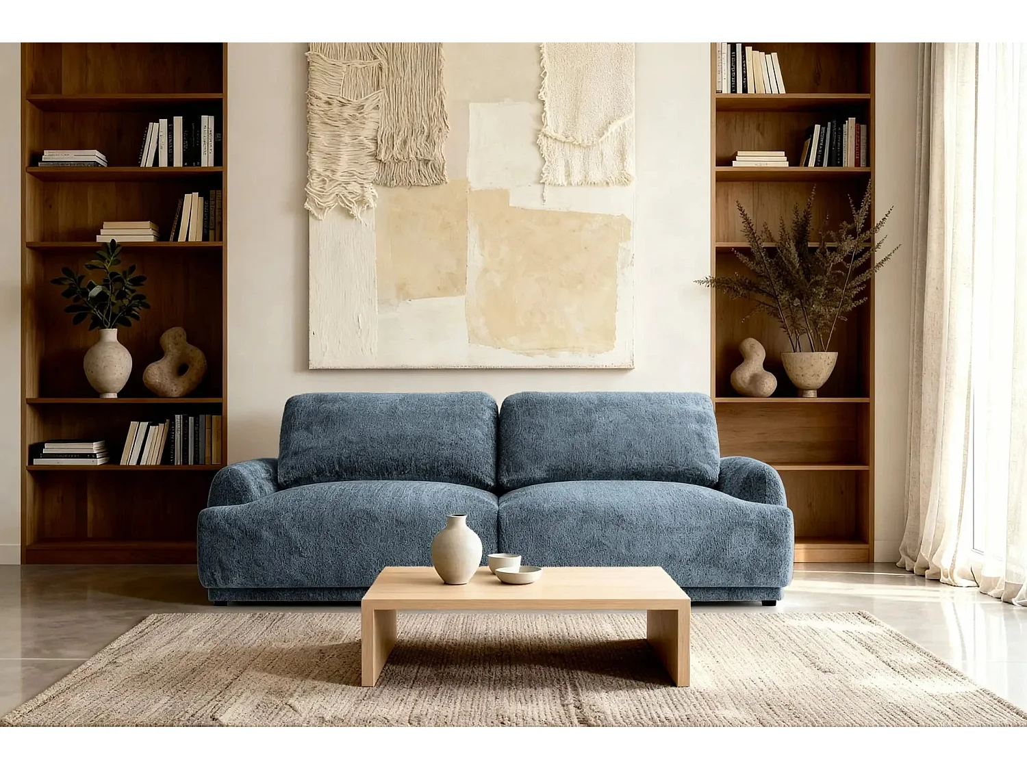 CLAUDIA - Canapé droit convertible tissu chenille 3 places - Bleu