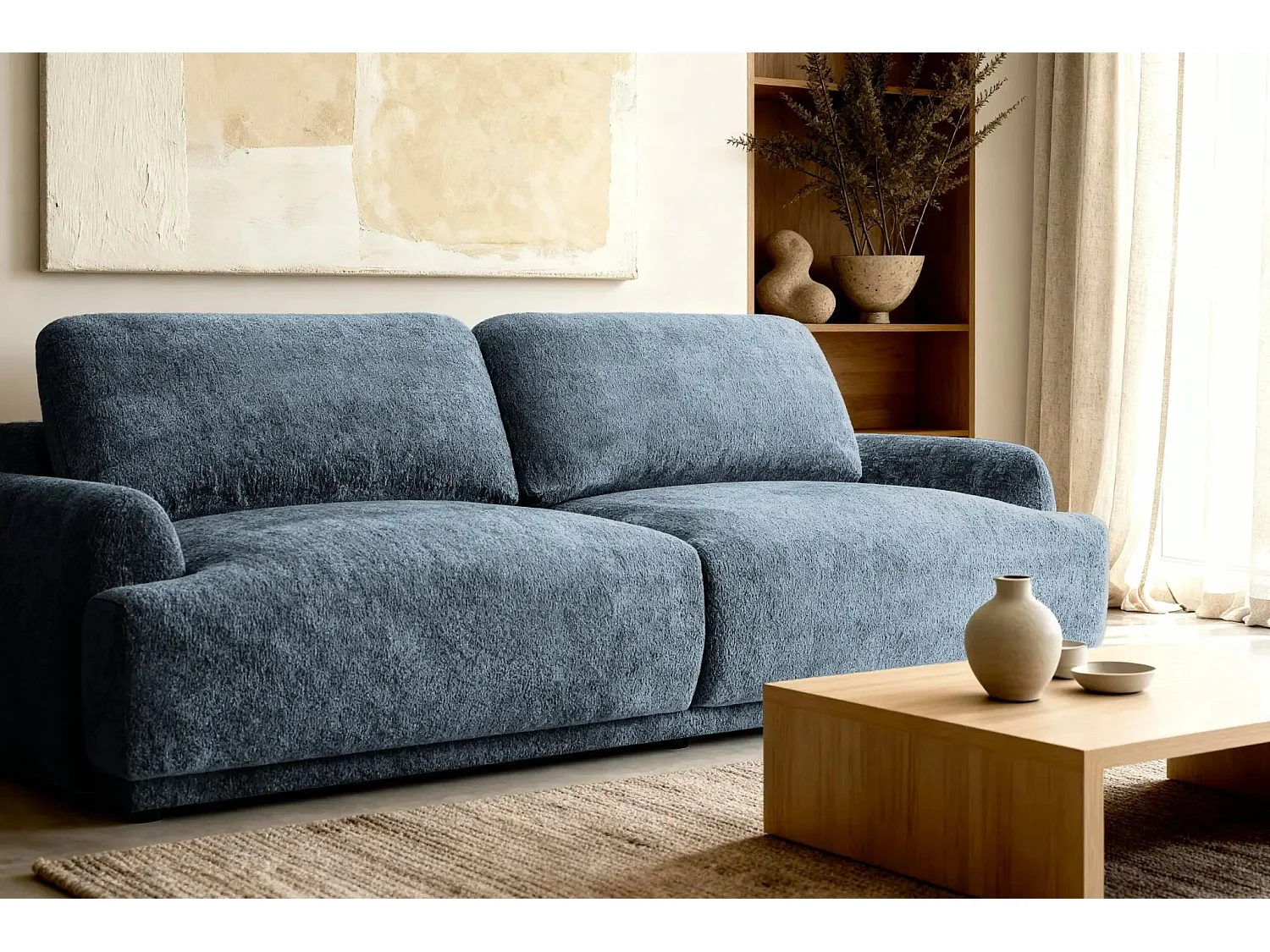 CLAUDIA - Canapé droit convertible tissu chenille 3 places - Bleu