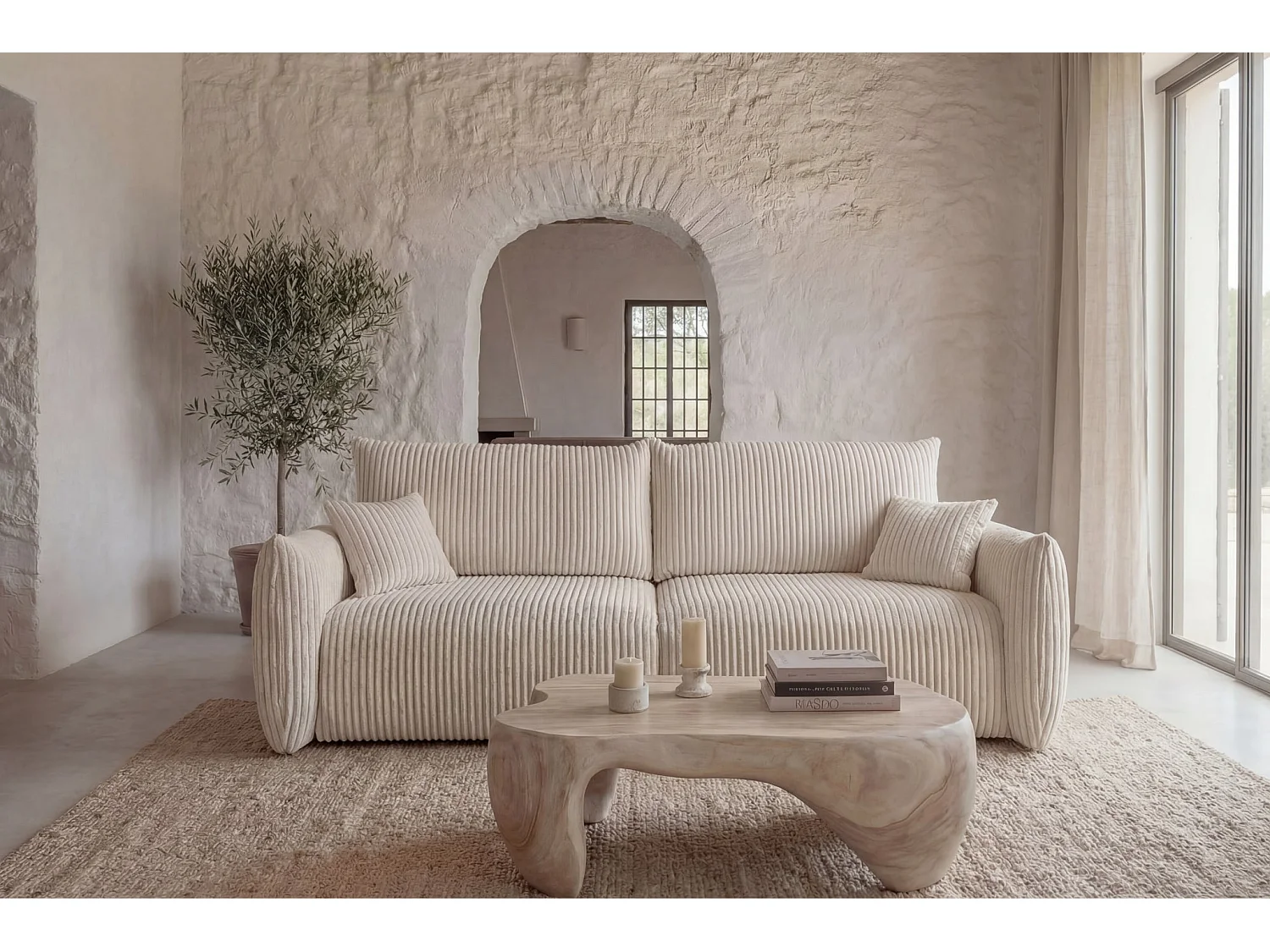 ELIO - Canapé droit convertible gros velours côtelé 3 places - Beige