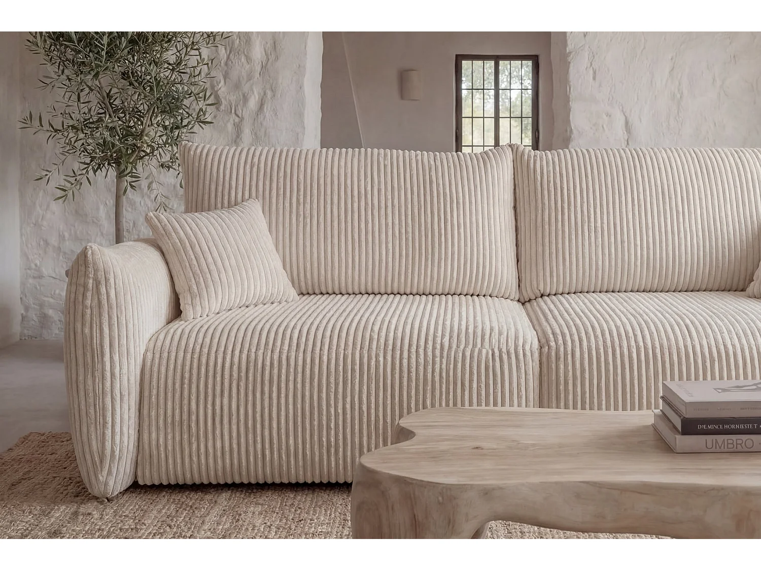 ELIO - Canapé droit convertible gros velours côtelé 3 places - Beige