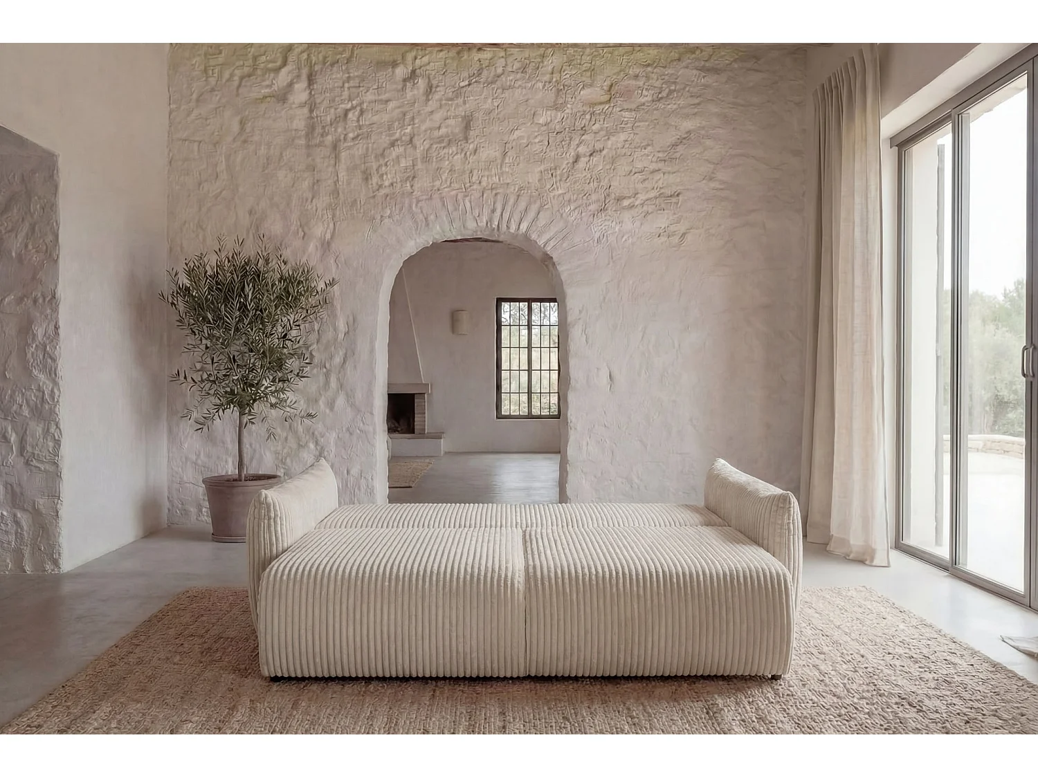 ELIO - Canapé droit convertible gros velours côtelé 3 places - Beige