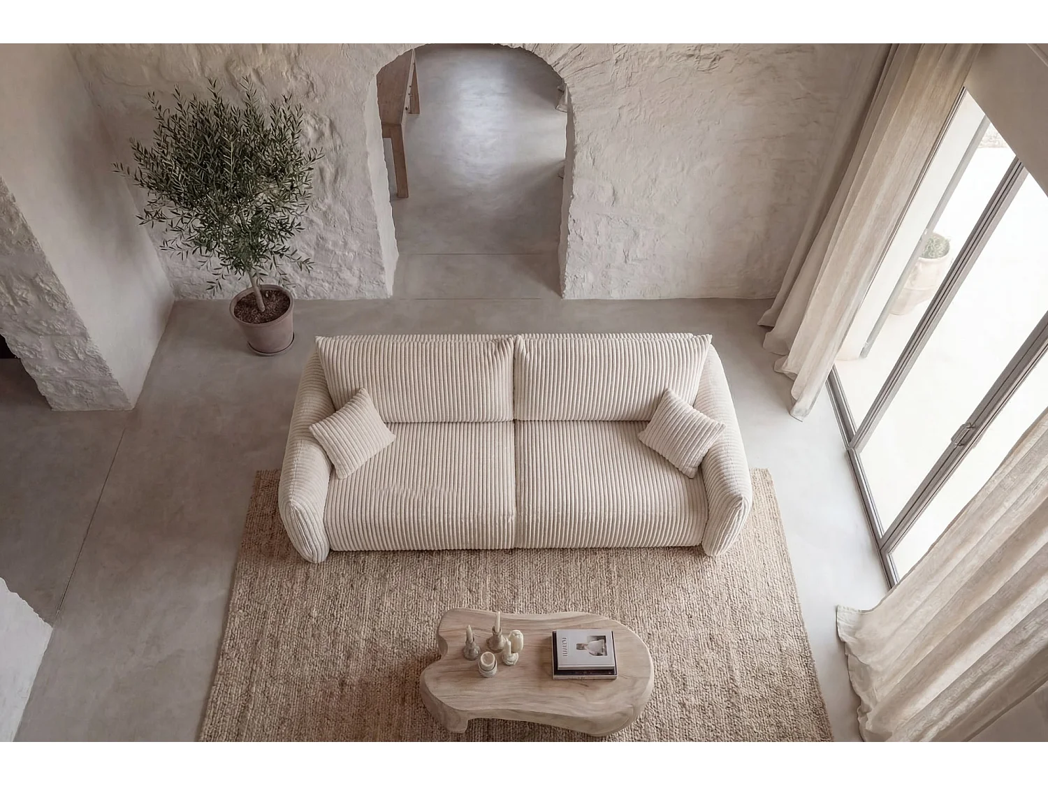 ELIO - Canapé droit convertible gros velours côtelé 3 places - Beige