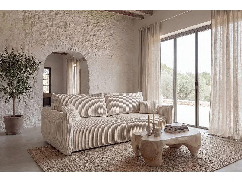 ELIO - Canapé droit convertible gros velours côtelé 3 places - Beige