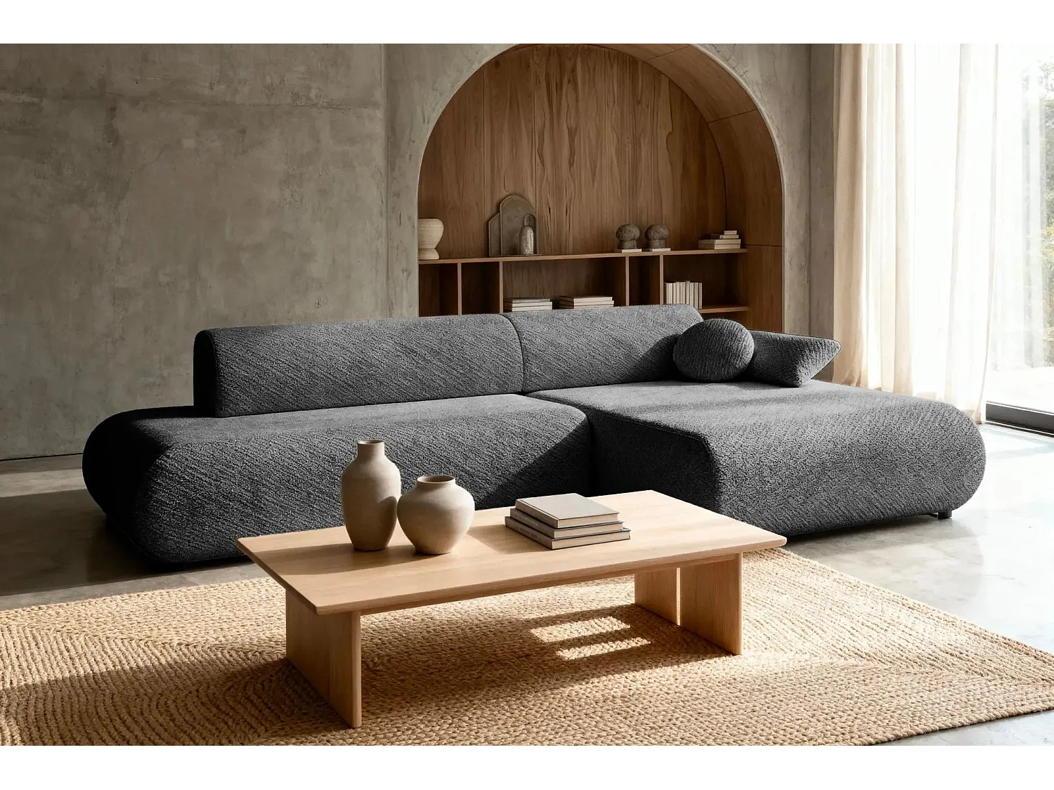 LEVI - Canapé d'angle convertible tissu lisse 3 places - Gris foncé - Droit