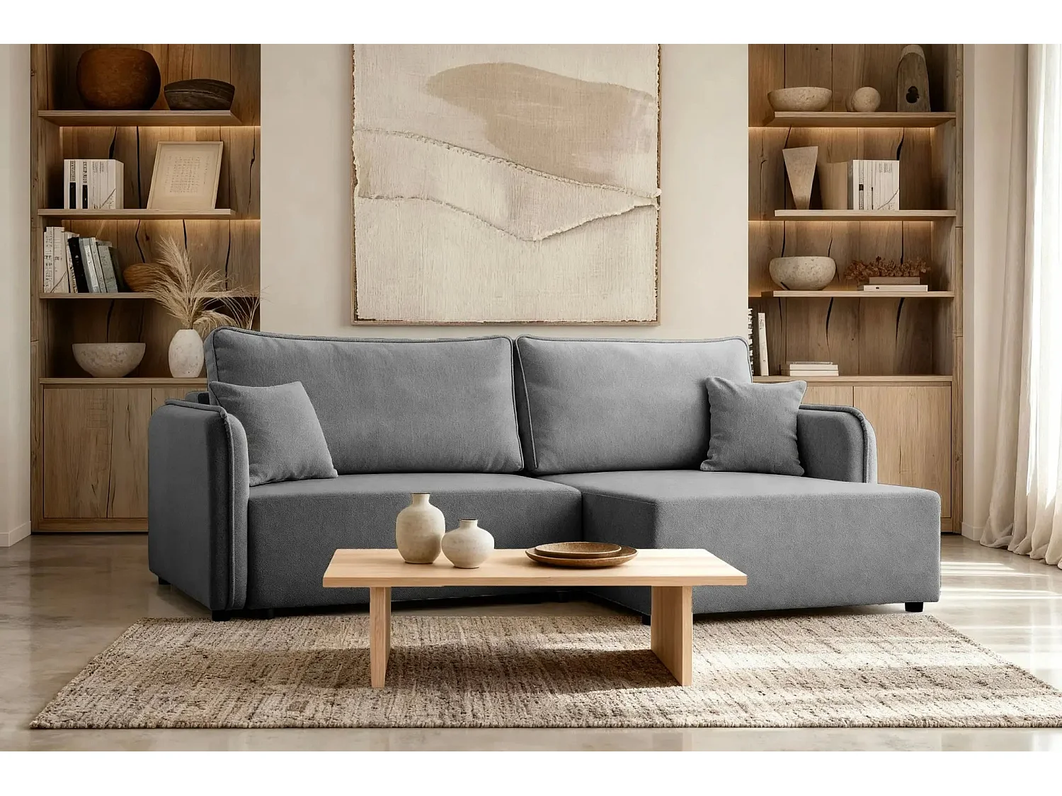 BONNIE - Canapé d'angle convertible tissu lisse 3 places - Gris foncé - Droit