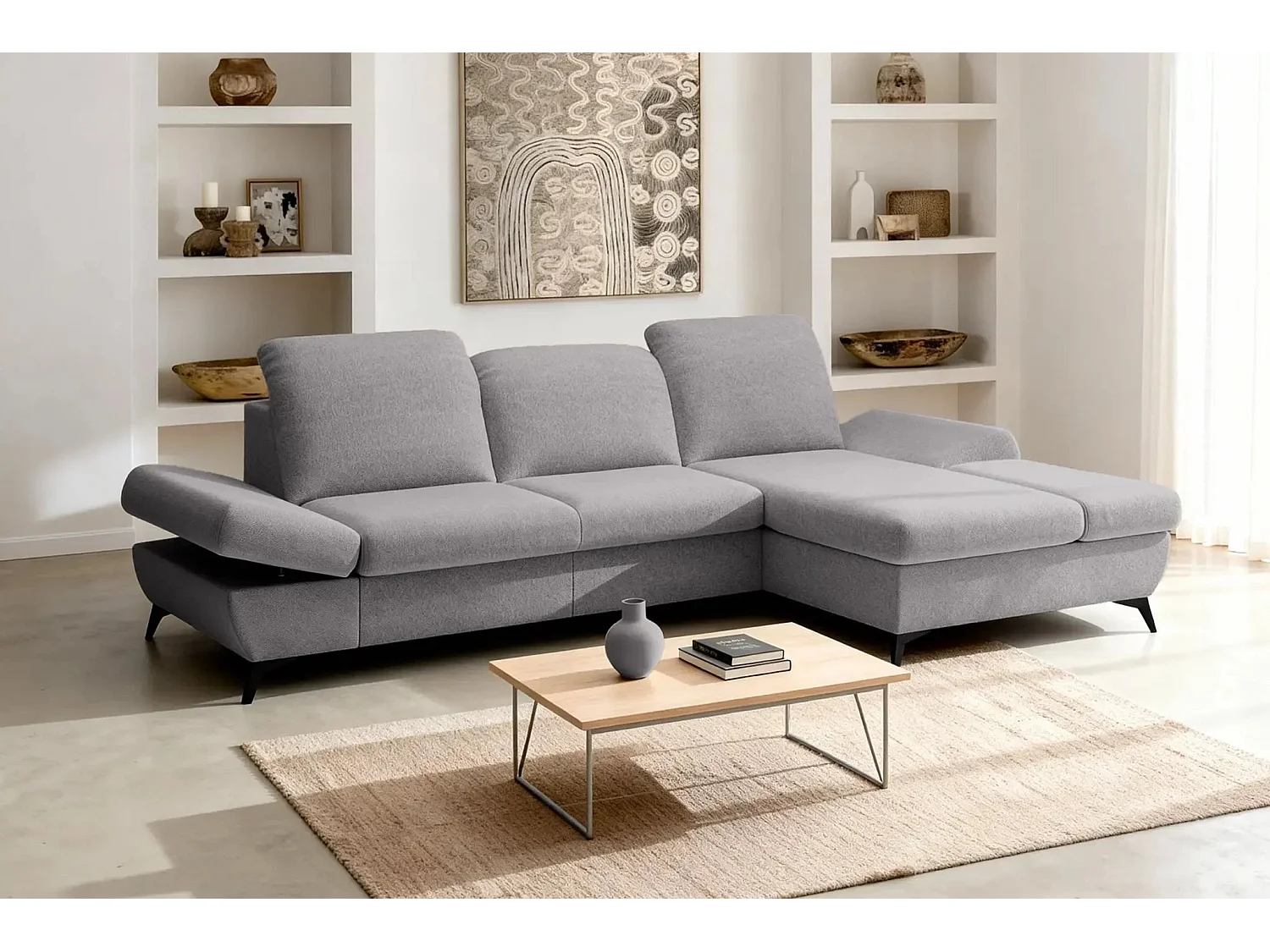 LIVIA - Canapé d'angle convertible tissu chiné 4 places - Gris clair - Gauche