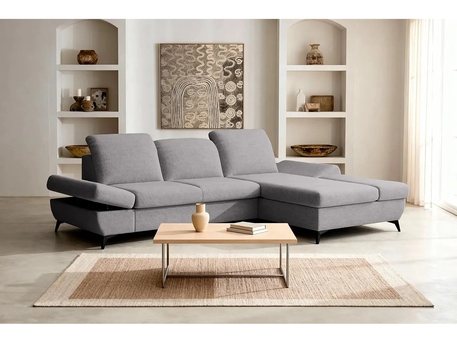 LIVIA - Canapé d'angle convertible tissu chiné 4 places - Gris clair - Gauche