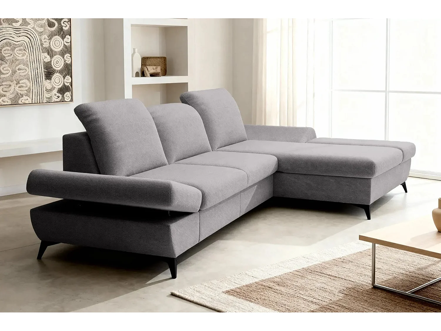 LIVIA - Canapé d'angle convertible tissu chiné 4 places - Gris clair - Gauche