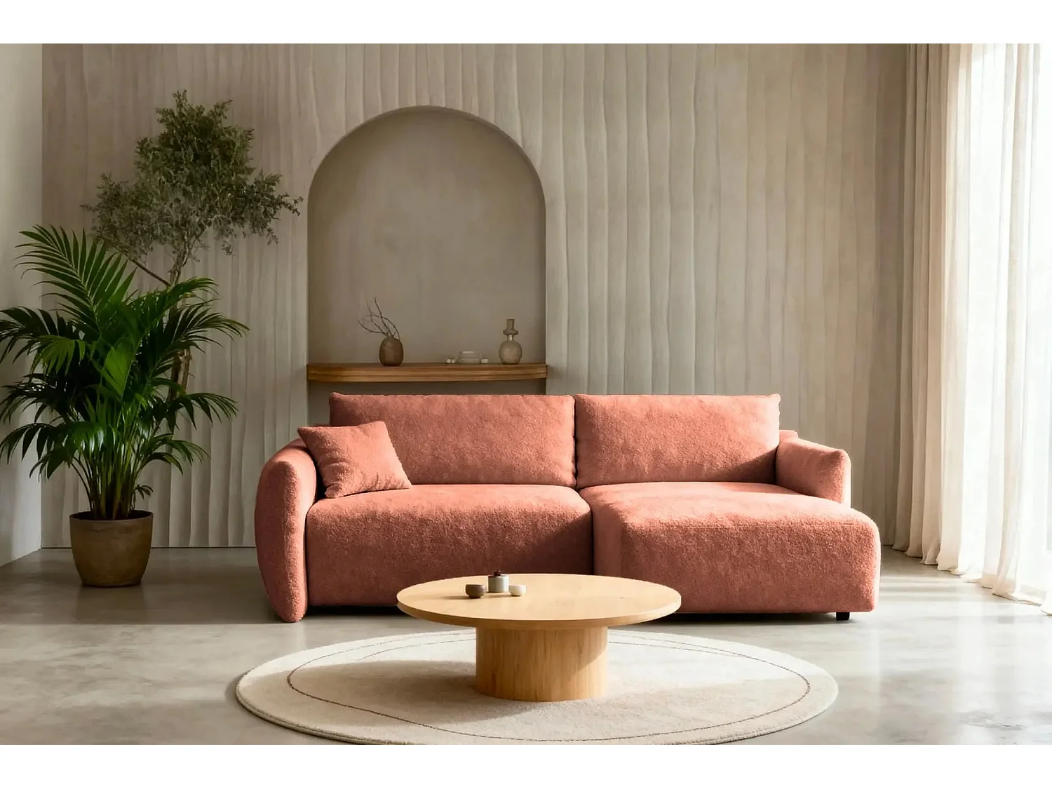 ELIO - Canapé d'angle convertible tissu bouclette 4 places - Terracotta