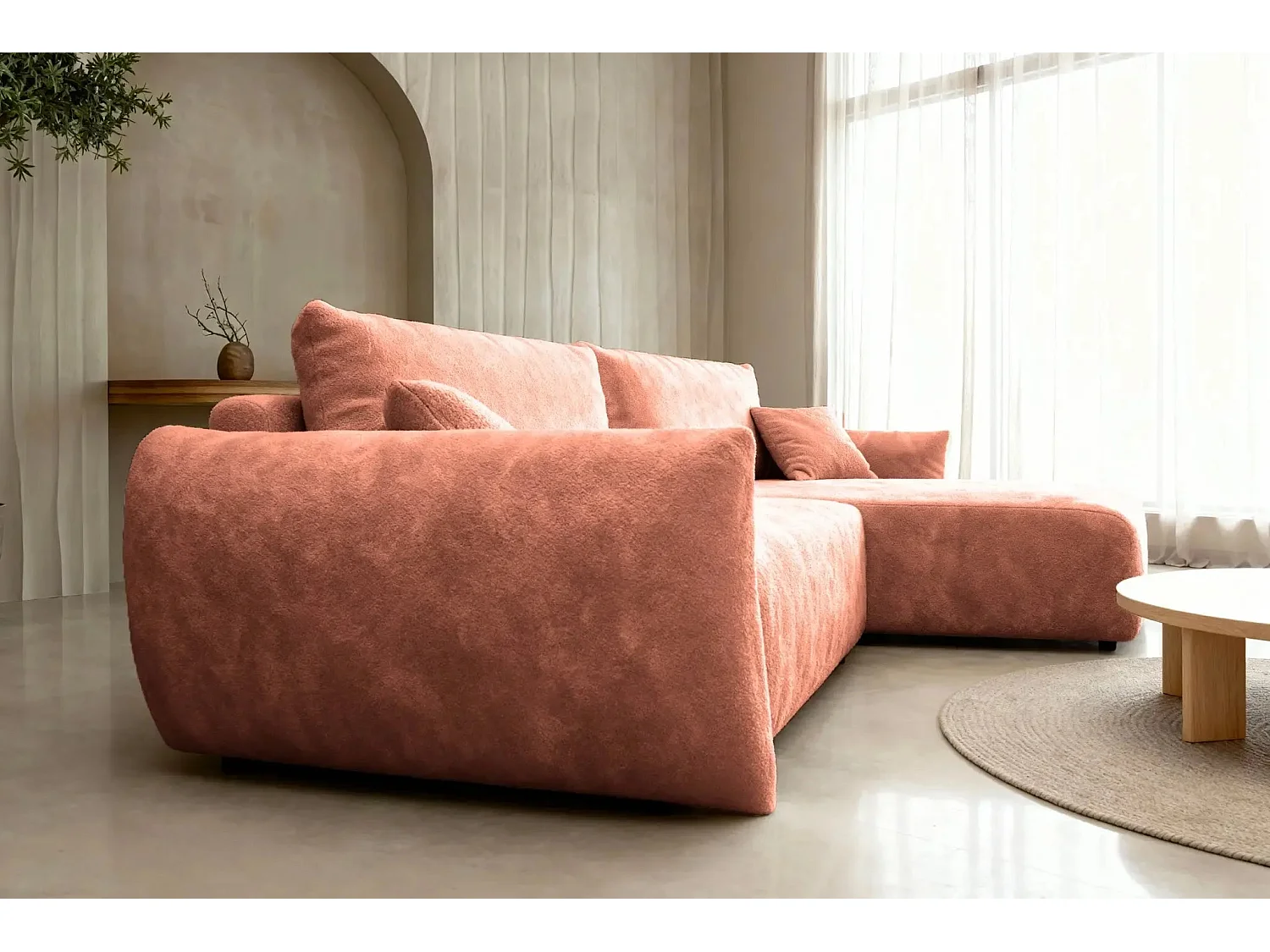 ELIO - Canapé d'angle convertible tissu bouclette 4 places - Terracotta