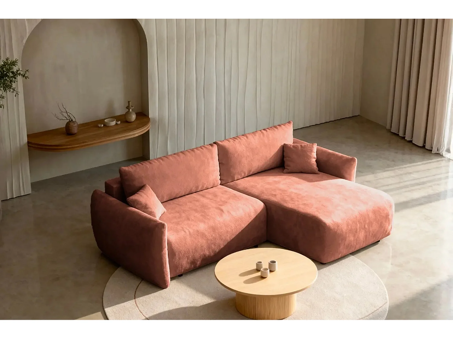 ELIO - Canapé d'angle convertible tissu bouclette 4 places - Terracotta