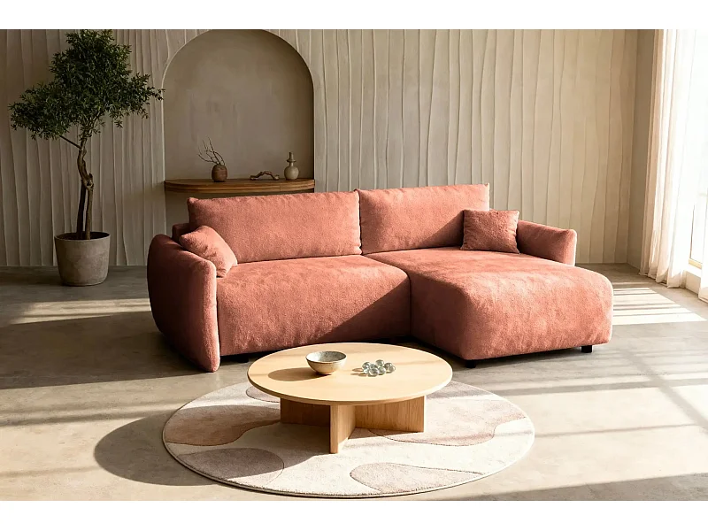 ELIO - Canapé d'angle convertible tissu bouclette 4 places - Terracotta