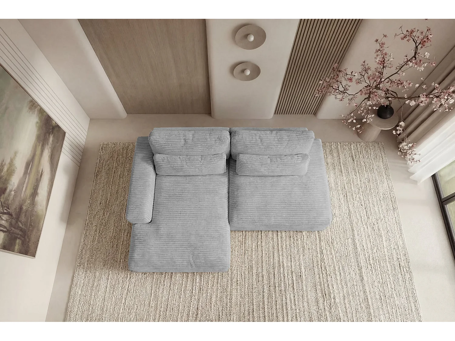 AGATHE - Canapé d'angle convertible gros velours côtelé 4 places - Gris clair - Droit