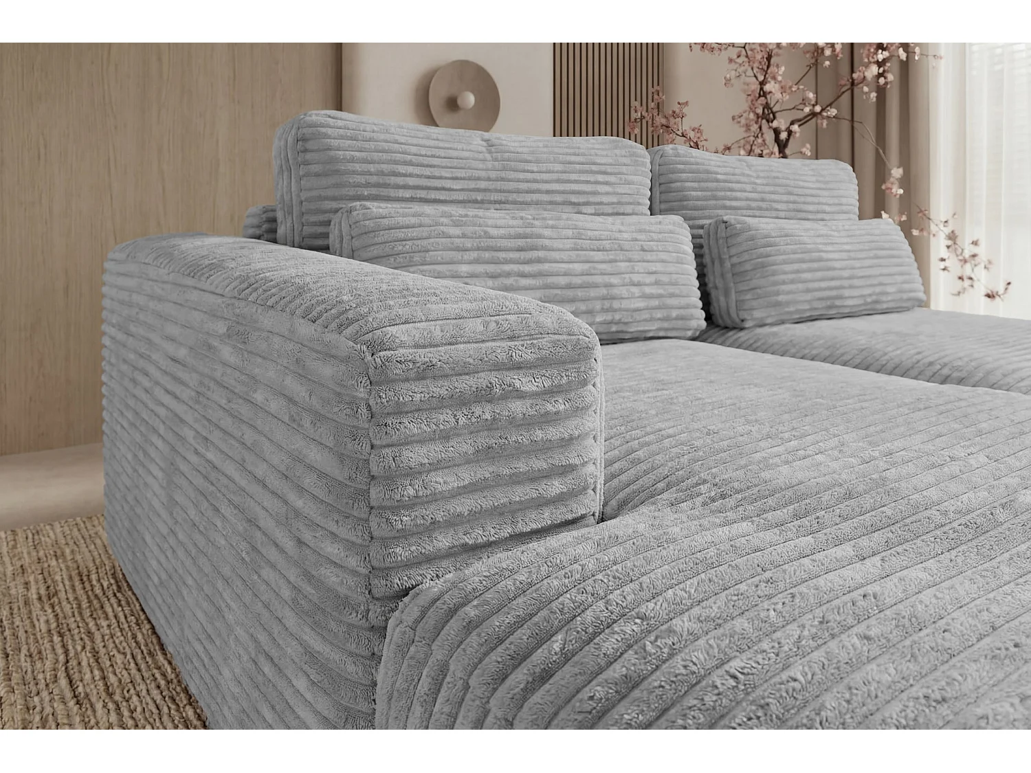 AGATHE - Canapé d'angle convertible gros velours côtelé 4 places - Gris clair - Droit