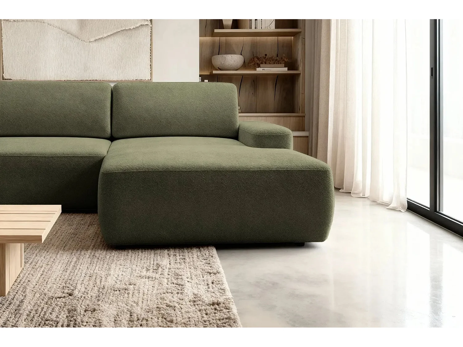 IVY - Canapé d'angle convertible tissu chiné 4 places - Vert olive - Droit