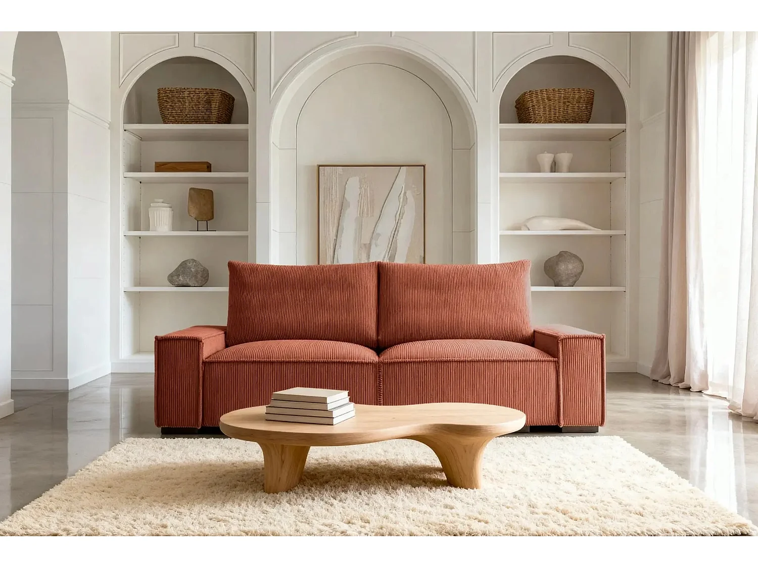 CLARY - Canapé droit convertible velours côtelé 2 places - Terracotta