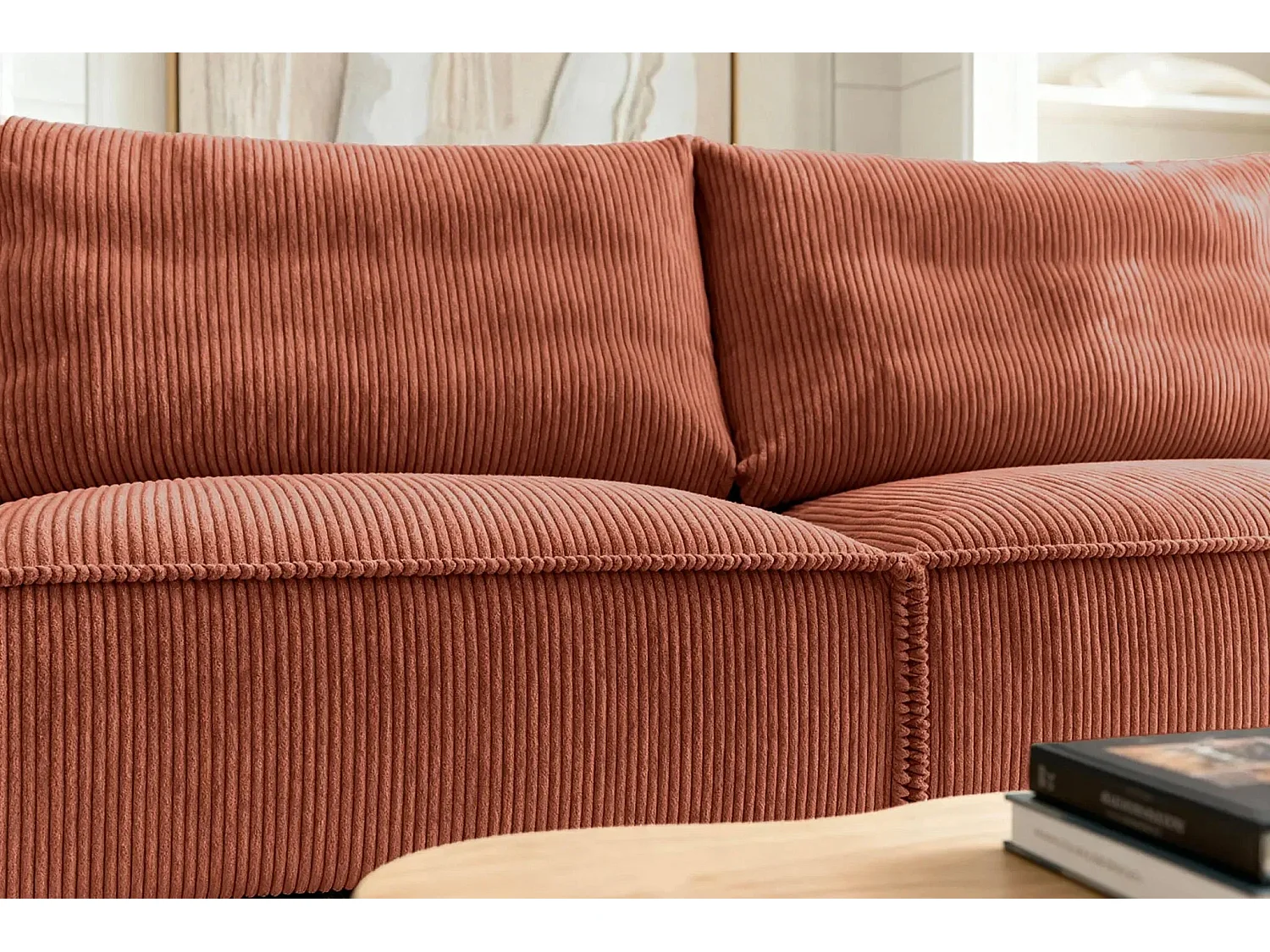 CLARY - Canapé droit convertible velours côtelé 2 places - Terracotta