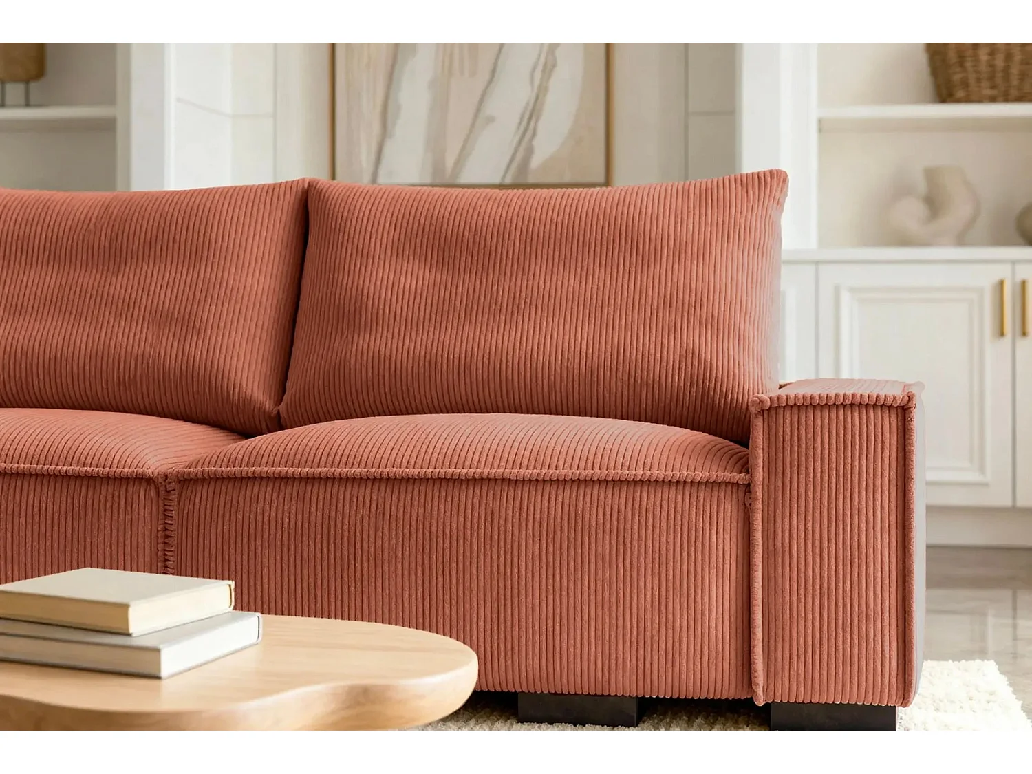 CLARY - Canapé droit convertible velours côtelé 2 places - Terracotta