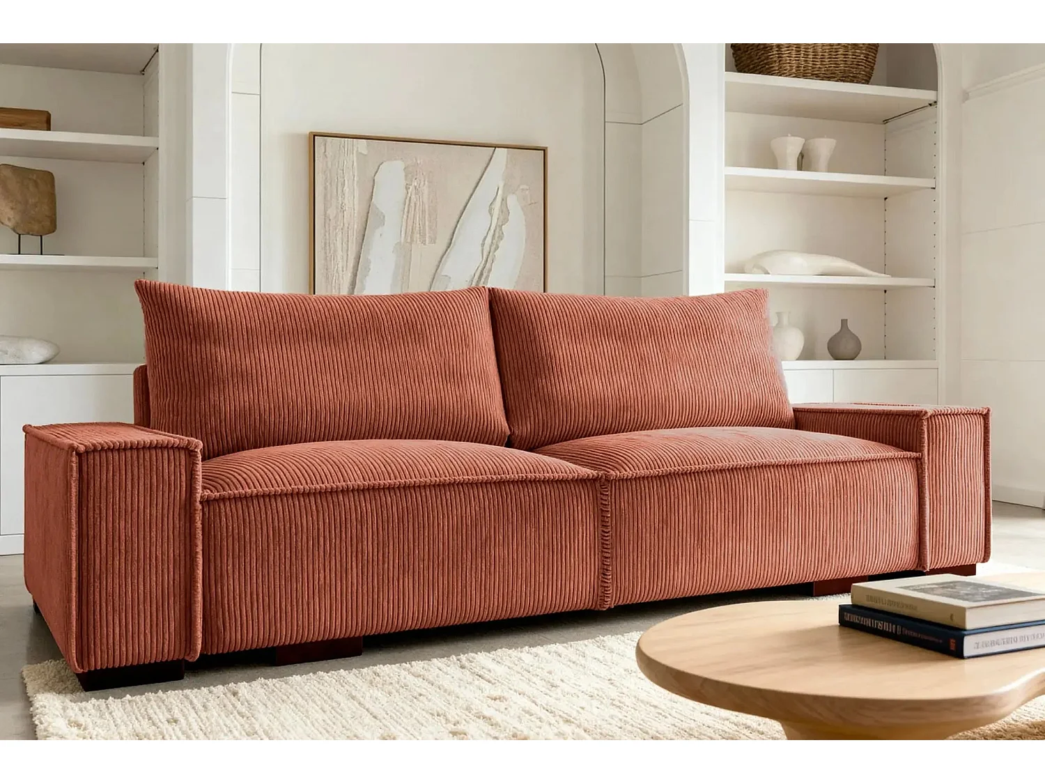 CLARY - Canapé droit convertible velours côtelé 2 places - Terracotta