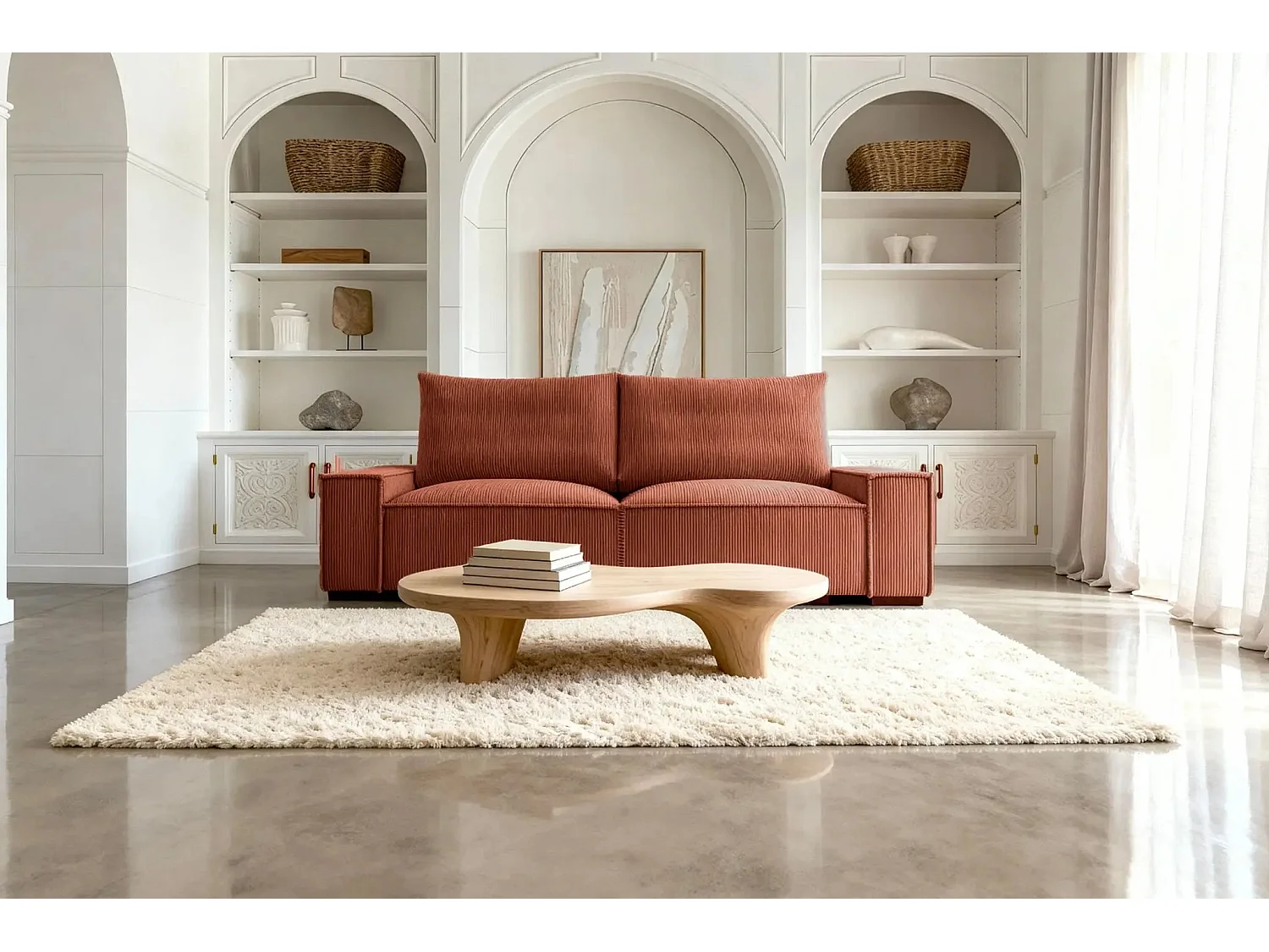 CLARY - Canapé droit convertible velours côtelé 2 places - Terracotta