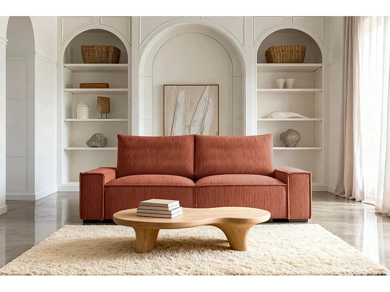 CLARY - Canapé droit convertible velours côtelé 2 places - Terracotta