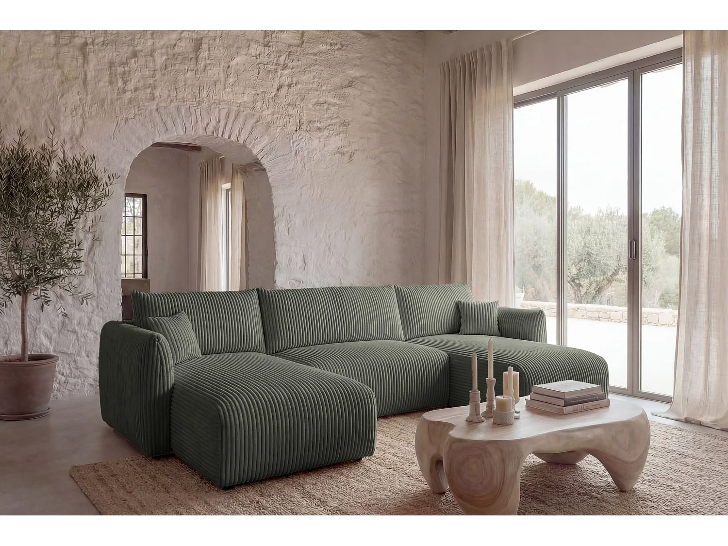 ELIO - Canapé panoramique convertible gros velours côtelé 5 places - Vert