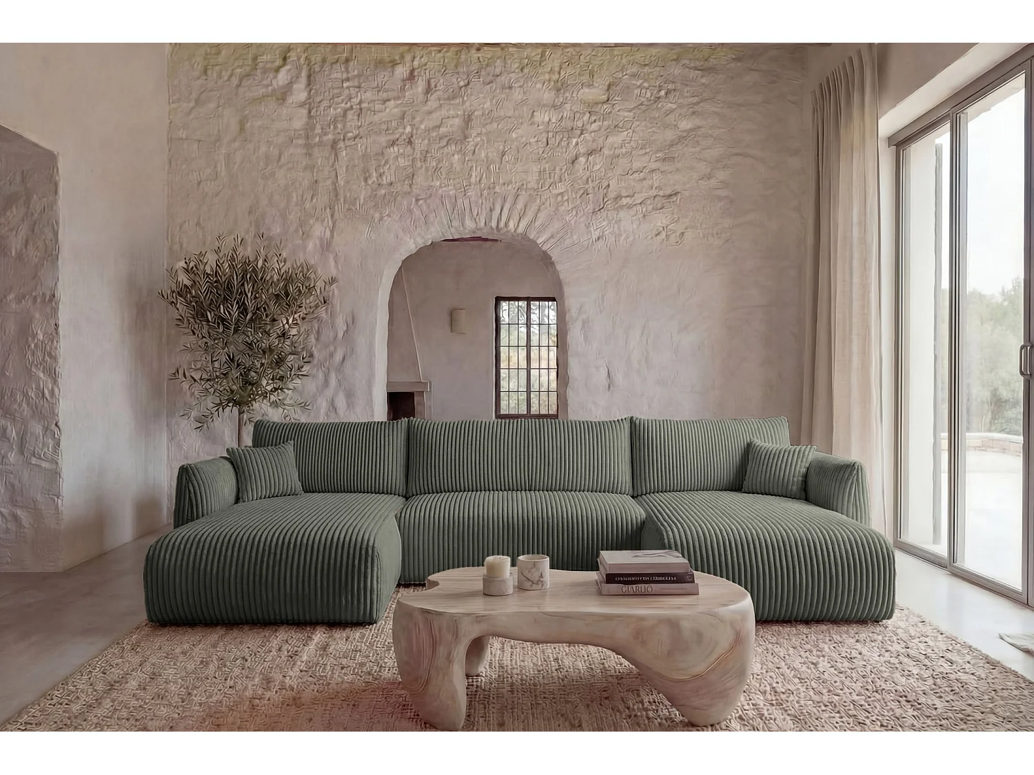 ELIO - Canapé panoramique convertible gros velours côtelé 5 places - Vert