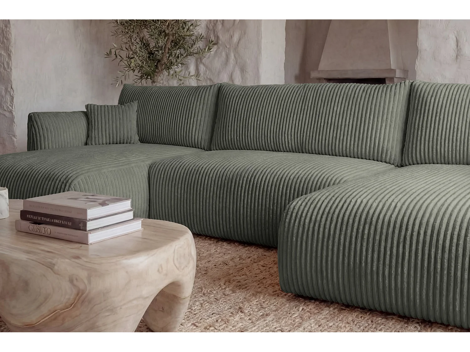 ELIO - Canapé panoramique convertible gros velours côtelé 5 places - Vert