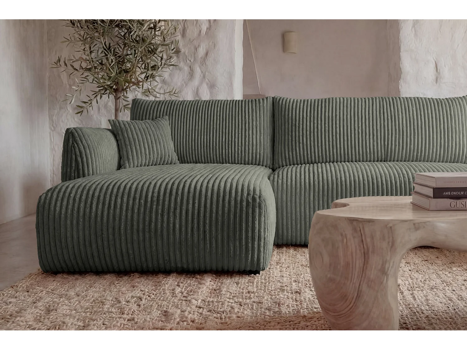 ELIO - Canapé panoramique convertible gros velours côtelé 5 places - Vert