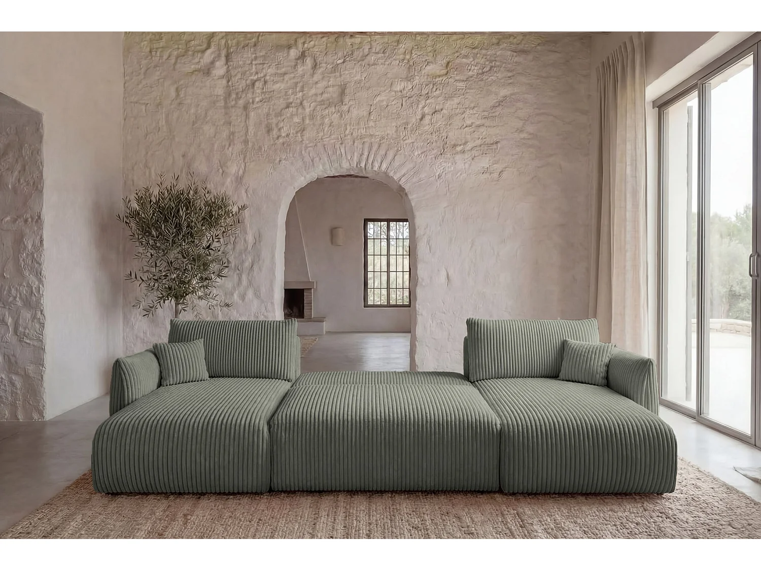 ELIO - Canapé panoramique convertible gros velours côtelé 5 places - Vert