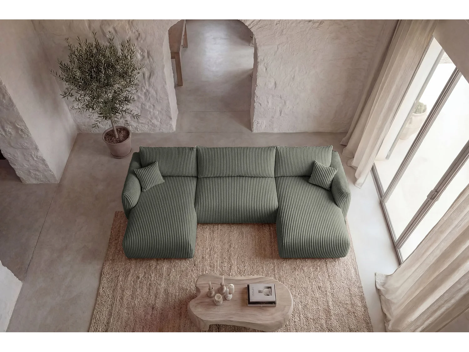 ELIO - Canapé panoramique convertible gros velours côtelé 5 places - Vert