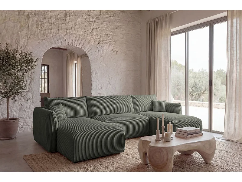 ELIO - Canapé panoramique convertible gros velours côtelé 5 places - Vert