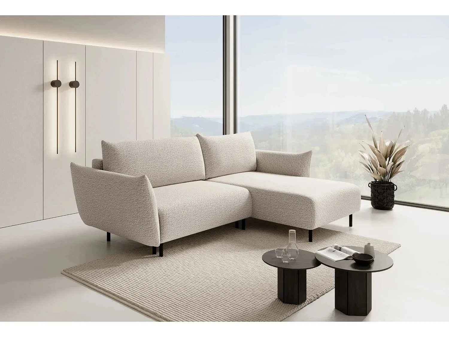 ALIX - Canapé d'angle convertible tissu bouclette 4 places - Beige