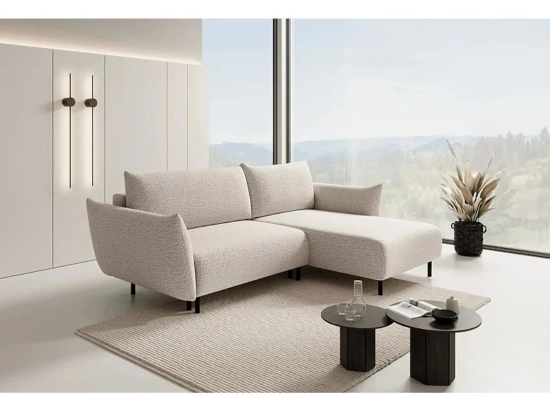 ALIX - Canapé d'angle convertible tissu bouclette 4 places - Beige