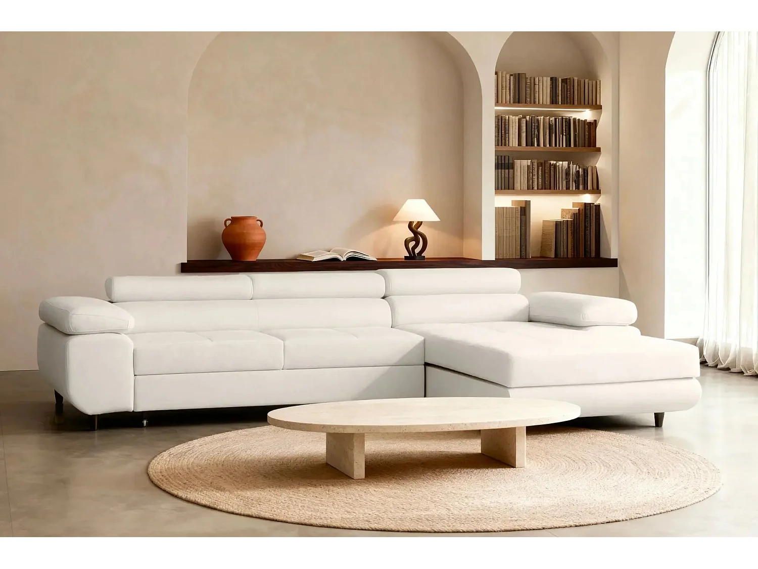 CHARLIE - Canapé d'angle convertible tissu chiné 4 places - Beige - Droit