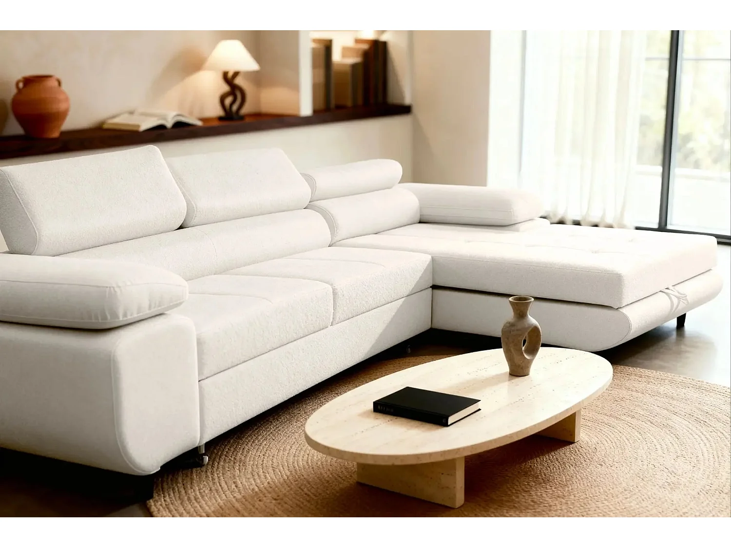 CHARLIE - Canapé d'angle convertible tissu chiné 4 places - Beige - Droit