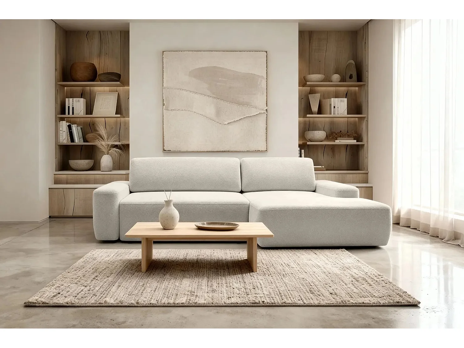 IVY - Canapé d'angle convertible tissu chiné 4 places - Beige - Droit